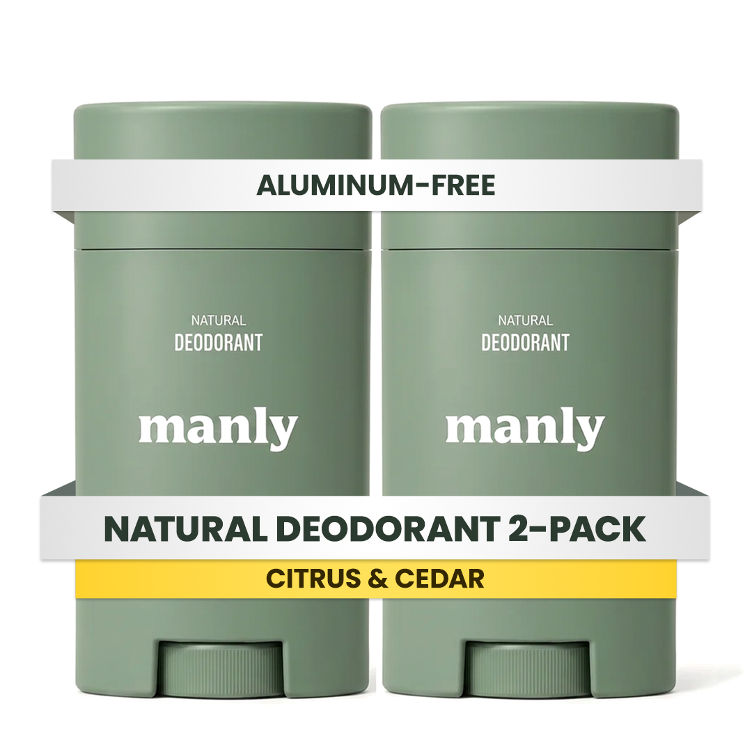 Manly Deodorant Stick, Natural, Aluminum-Free, 24hr Odor Control with Charcoal & Magnesium, Made For Teens - Citrus & Cedar (2.65oz 2 Pack)