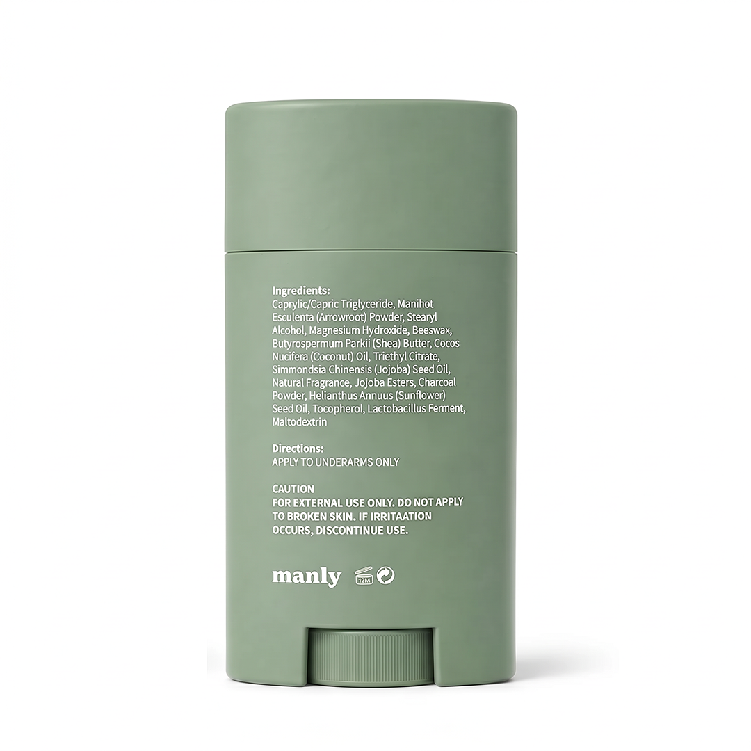 Manly Deodorant Stick, Natural, Aluminum-Free, 24hr Odor Control with Charcoal & Magnesium, Made For Teens - Citrus & Cedar (2.65oz 2 Pack)