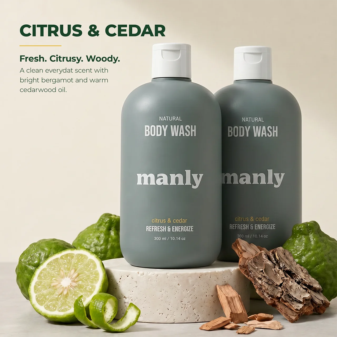 MANLY Natural Body Wash for Teen Boys — 72-Hour Odor Protection, Sensitive Skin Safe, Sulfate & Paraben Free, with Kakadu Plum & Coconut Oil - Citrus & Cedar (10.15oz, 2 Pack)