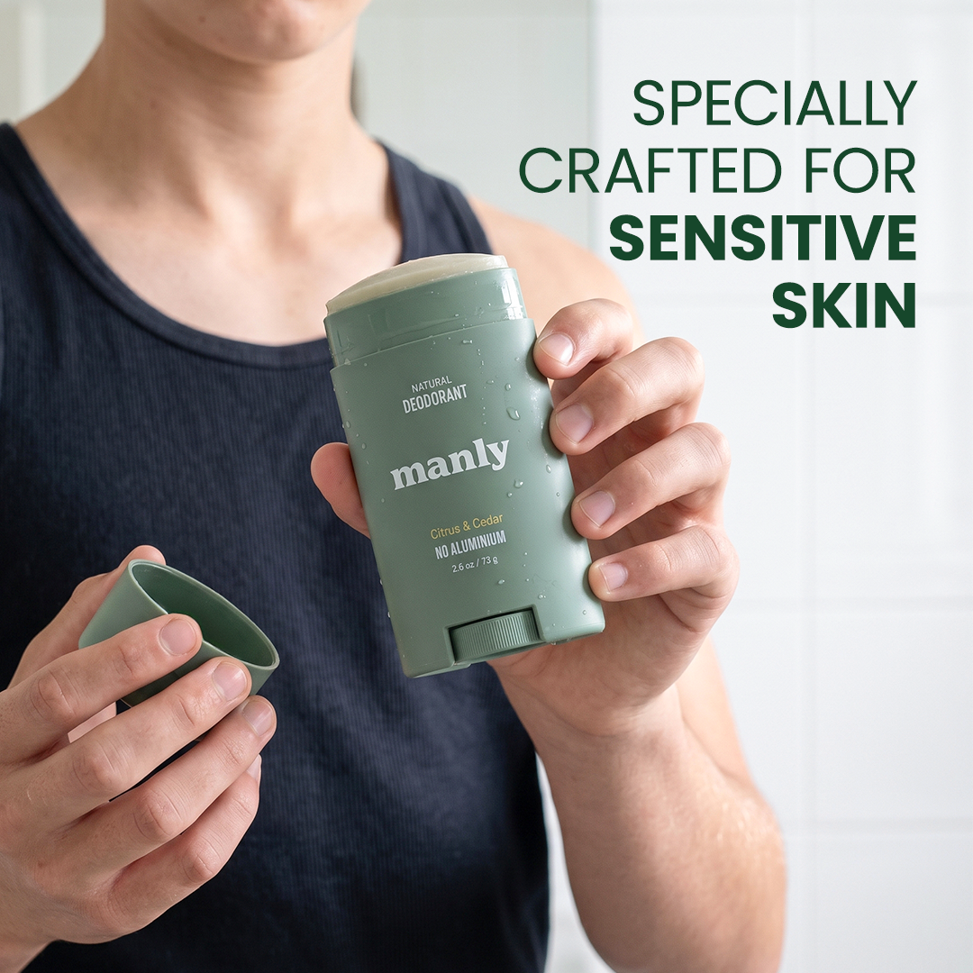 Manly Deodorant Stick, Natural, Aluminum-Free, 24hr Odor Control with Charcoal & Magnesium, Made For Teens - Citrus & Cedar (2.65oz 2 Pack)