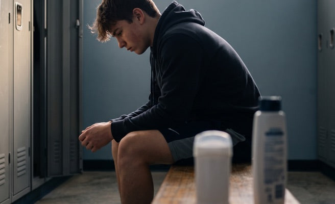 Teen boy sitting on a locker room bench beside drugstore grooming bottles