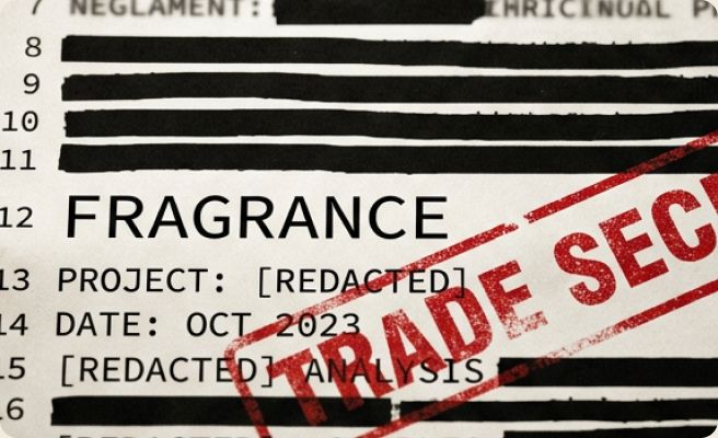 Redacted government filing with the word FRAGRANCE visible and a TRADE SECRET stamp