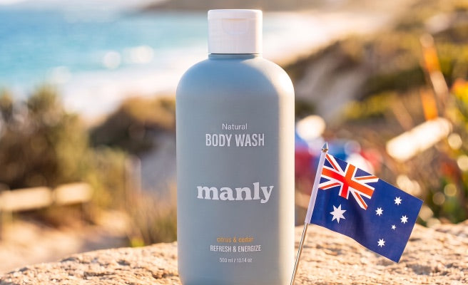 Manly bottle with its full ingredient list facing the camera